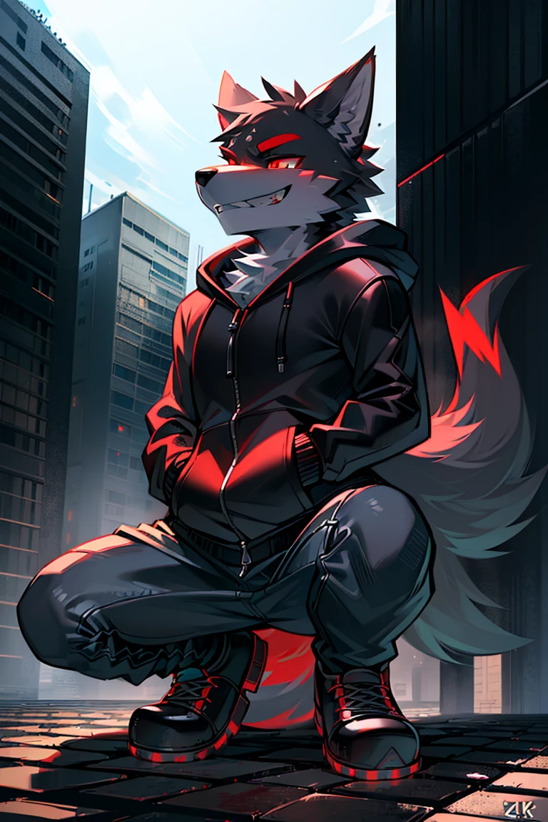 (4k , ultra detailed , flat colored)Furry werewolf , black wolf，Wear a black zip up hoodie，((hoodie is open)) , dark grey pants , open toed shoes , wolf feet , wolf tail , 1tail , tail on waist , malicious grin , blood red eyes , crouching over a building ledge 