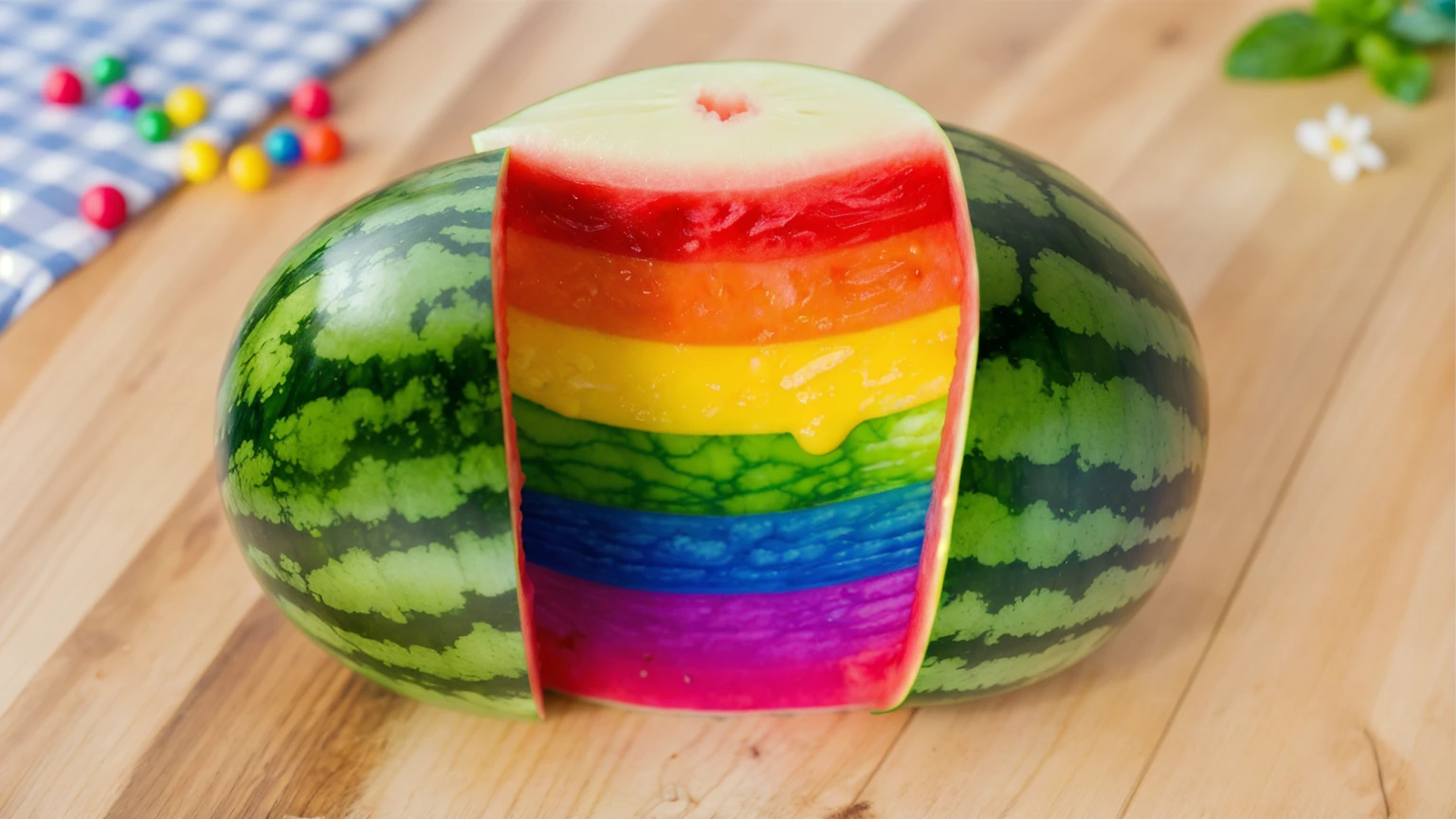 on a wooden table, Watermelon divided into two parts, Rainbow cream flows out of watermelon rind, bright lighting, Realistic style , realistic texture, detailed texture, a high resolution, high quality, macro photography 