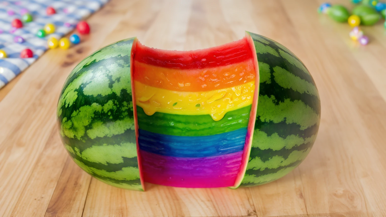 on a wooden table, Watermelon divided into two parts, Rainbow cream flows out of watermelon rind, bright lighting, Realistic style , realistic texture, detailed texture, a high resolution, high quality, macro photography