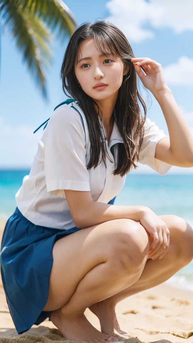 (((Top-down configuration:1.33)))、((No underwear:1.55))、One Girl、Beautiful and detailed eyes and face、barefoot、20 year old cute Japan woman, ((Extremely precise and accurate anatomy:1.0)), (photo Realistic:1.4), (hyper Realistic:1.4), (Highest quality realistic skin texture:1.4), (Improvement of quality:1.4), (Enhances the beauty of skin texture:1.1), Clean and glowing skin, mesh, thin:1.2, (Realistic:1.3), Realistic lighting, (Smoother lighting:1.05), (Improving the quality of cinema lighting:0.9), Backlight, A gentle light shining on your face, Ray Tracing, (Bright light:1.2), 32K, One Japanese woman, fine grain, Detailed face, (Film Grain:1.1),(Accentuates body lines:1.1), High resolution, Natural look, Kind eyes, Improves hair quality, Delicate light and shadow, Transparent muscle, Graceful pose, Beautiful Eyes, Sharp details, Soft light reflection, Beautiful contours, Delicate skin tone, Fine hair texture, Natural background, (((sunny day、Beach、A strong wind is blowing、Her hair and skirt are flying、squat, Traditional navy blue sailor uniform、Open shirt、Pleated skirt、Scooping seawater with hands:1.25、splash、Sandy Beach、Light of the sun、clear blue sea、The waves crash quietly、Blue sky and white clouds、green mountain々、Beautiful Nature、The joy of youth)))、