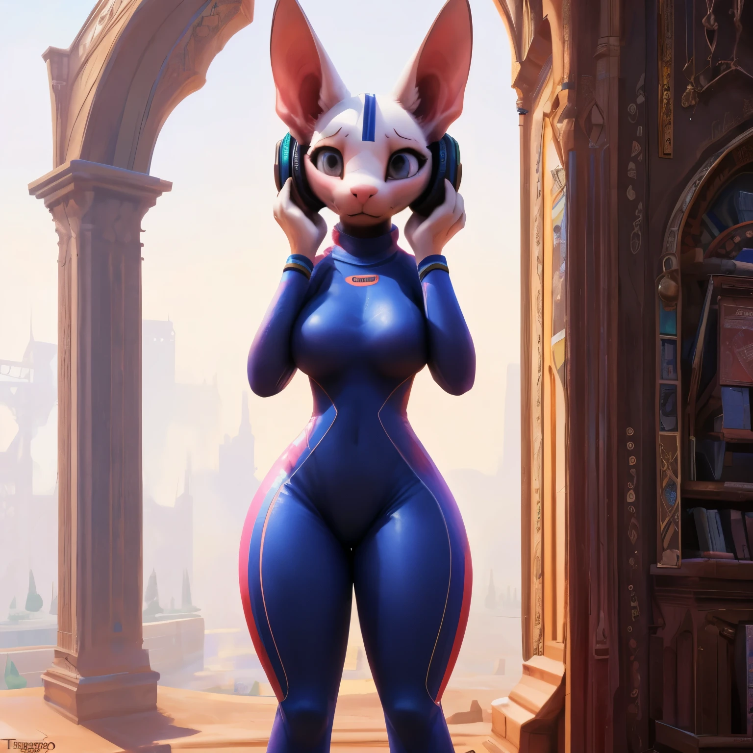 Solo, Sphynx cat, female, busty, thick thighs, wearing a body suit, with bright headphones furry, tall: 1.7, White body, glowing and soft skin, upset, embarrassed, standing, White background, extremely detailed, beautiful and detailed dilated bright eyes, grey eyes, full body, ((By trigaroo))