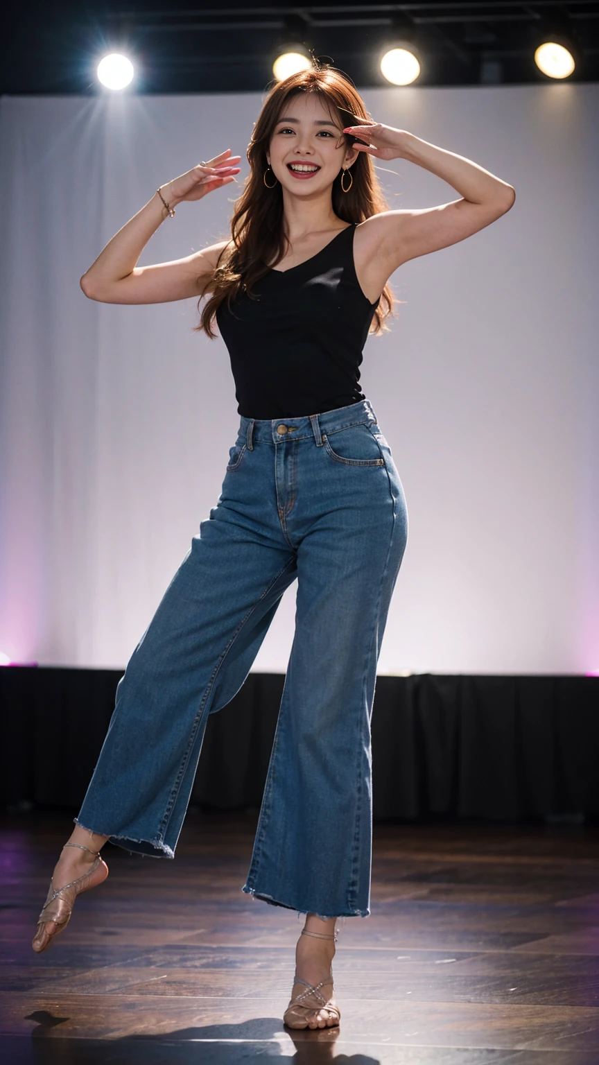 mix4, 20d, solo, long_hair,  look_at_viewer, (8k, RAW photo, best quality, masterpiece:1.2), (realistic, photo-realistic:1.37), professional lighting, photon mapping, radiosity, physically-based rendering,full body portrait barefoot woman with auburn hair in updo dancing wearing sleeveless blouse and loose pants of wrinkled silk fabric with cuffed ankles, chunky sapphire earrings, shoulder tilted, slight smile, standing in relaxed pose, white studio background,leaning forward,,Open mouth and laugh out loud,summer,(((Dance)))