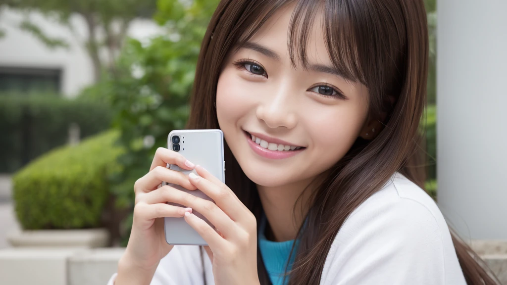 ((Highest quality)), ((masterpiece)), (detailed), One girl, Happy to see the smartphone,20th Generation、smile