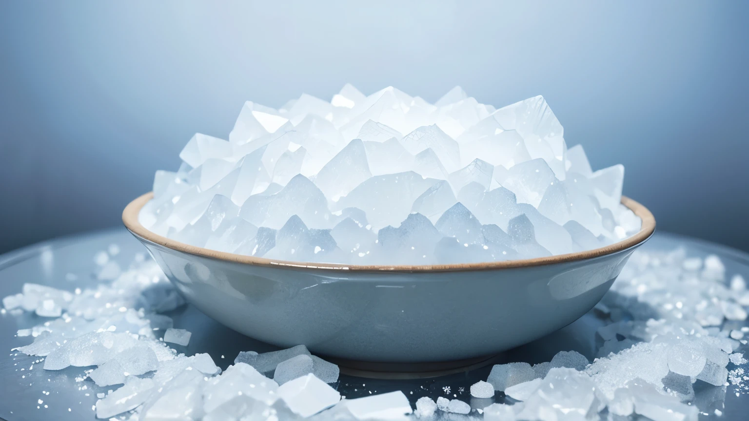 Close-up of Epsom salt crystals, diagram of magnesium molecule structure, Epsom landscape in background, scientific illustration style