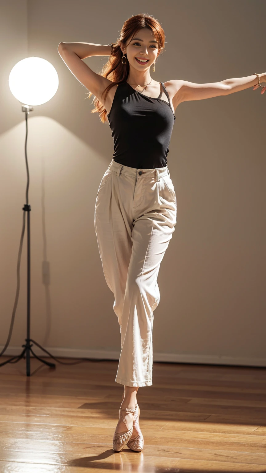 mix4, 20d, solo, long_hair, look_at_viewer, (8k, RAW photo, best quality, masterpiece:1.2), (realistic, photo-realistic:1.37), professional lighting, photon mapping, radiosity, physically-based rendering,full body portrait barefoot woman with auburn hair in updo dancing wearing sleeveless blouse and loose pants of wrinkled silk fabric with cuffed ankles, chunky sapphire earrings, shoulder tilted, slight smile, standing in relaxed pose, white studio background,leaning forward,,Open mouth and laugh out loud,summer,(((Dance)))