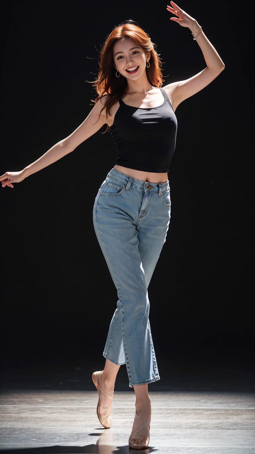 mix4, 20d, solo, long_hair, look_at_viewer, (8k, RAW photo, best quality, masterpiece:1.2), (realistic, photo-realistic:1.37), professional lighting, photon mapping, radiosity, physically-based rendering,full body portrait barefoot woman with auburn hair in updo dancing wearing sleeveless blouse and loose pants of wrinkled silk fabric with cuffed ankles, chunky sapphire earrings, shoulder tilted, slight smile, standing in relaxed pose, white studio background,leaning forward,,Open mouth and laugh out loud,summer,(((Dance)))