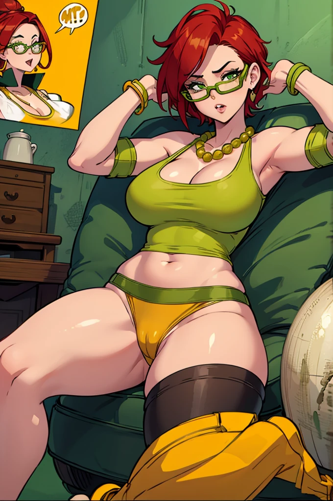 Janin, hot sexy female with short red hair and green glasses, yellow bead necklace, yellow tank top, yellow stockings, thick legs, big tits, covered in green mucus, sticky green mucus all over the body