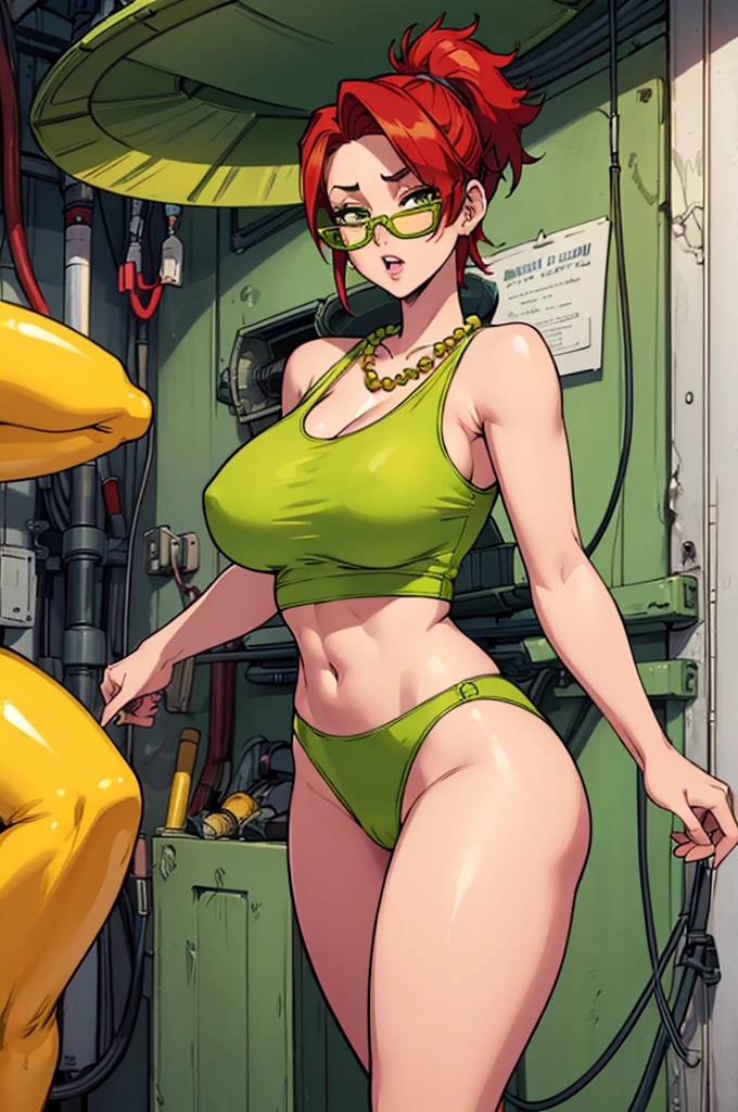 Janin, hot sexy female with short red hair and green glasses, yellow bead necklace, yellow tank top, yellow stockings, thick legs, big tits, covered in green mucus, sticky green mucus all over the body