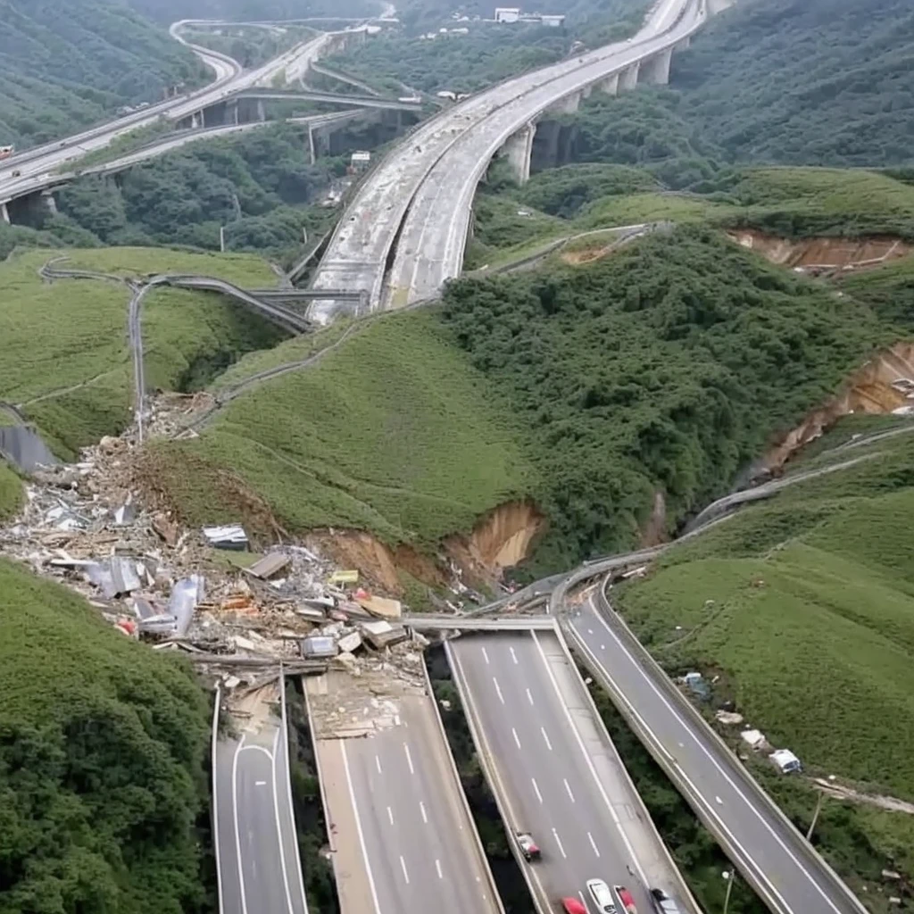 arafed highway with multiple lanes and a bridge over it, landslides, landslide road, earthquake destruction, disaster photography, sha xi, sinkholes, viral photo, deep sinkhole, buildings collapsed, ren heng, by Ren Renfa, large cracks, cut into the side of a mountain, terrifying but fascinating, malika favre, shocking, destroyed mountains