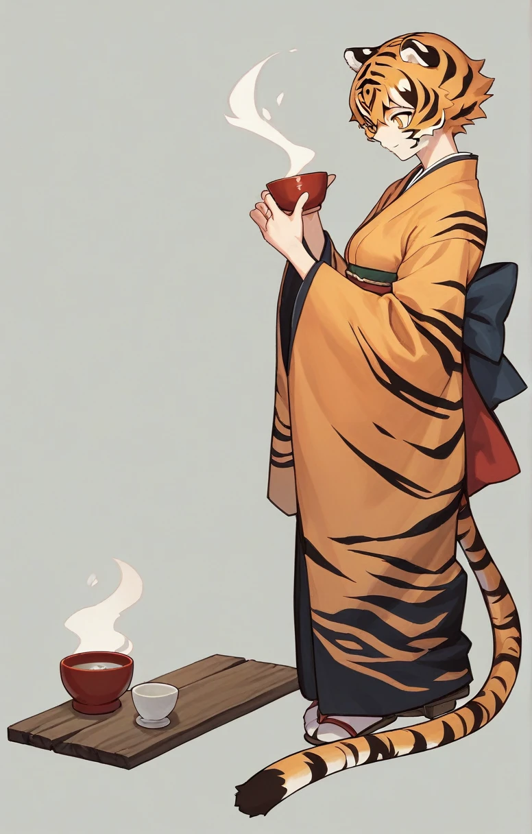 the (manga or anime) character ,((tiger girl)) , wearing (Japanese clothes) and (袴), (empty hand) , (A cup), full body --ar 4:7 --s 40