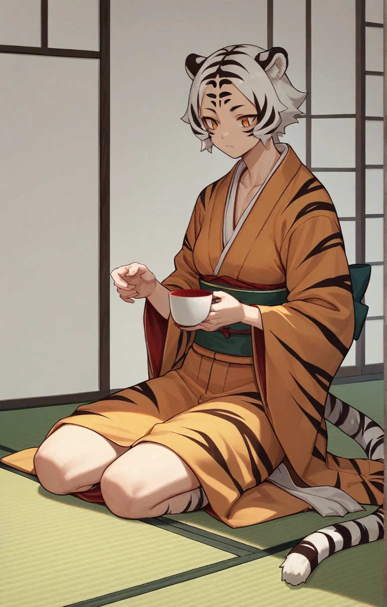 the (manga or anime) character ,((tiger girl)) , wearing (Japanese clothes) and (袴), (empty hand) , (A cup), full body --ar 4:7 --s 40