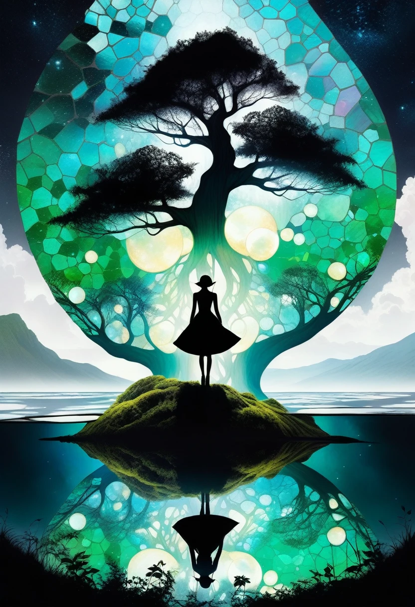 (Elf),(nature), Green Leaves, Adventure, Aether, Kraken,  Nebula, Verdant, Canvas Voyage, Lovely, Grateful [:vintage cars:15], (Double exposure:1.3) photo of elf made of mosaic of iridescent crystal glass with sub scattering mirror surface imposing onto transparent tree hollow trunk in living brocade underbust dress made out of flowers, bokeh sky by Peter Gric, Conrad Roset, Brandon Kidwell, Andreas Lie, Dan Mountford, Dan Witz, Agnes Cecile, Jeremy Mann, fine art, super dramatic moonshine, silhouette photo illustration, amazing depth, intricate detailed fine cracked surface, stunning atmosphere, mesmerizing whimsical vibrant scenery, complex masterwork by head of prompt engineering