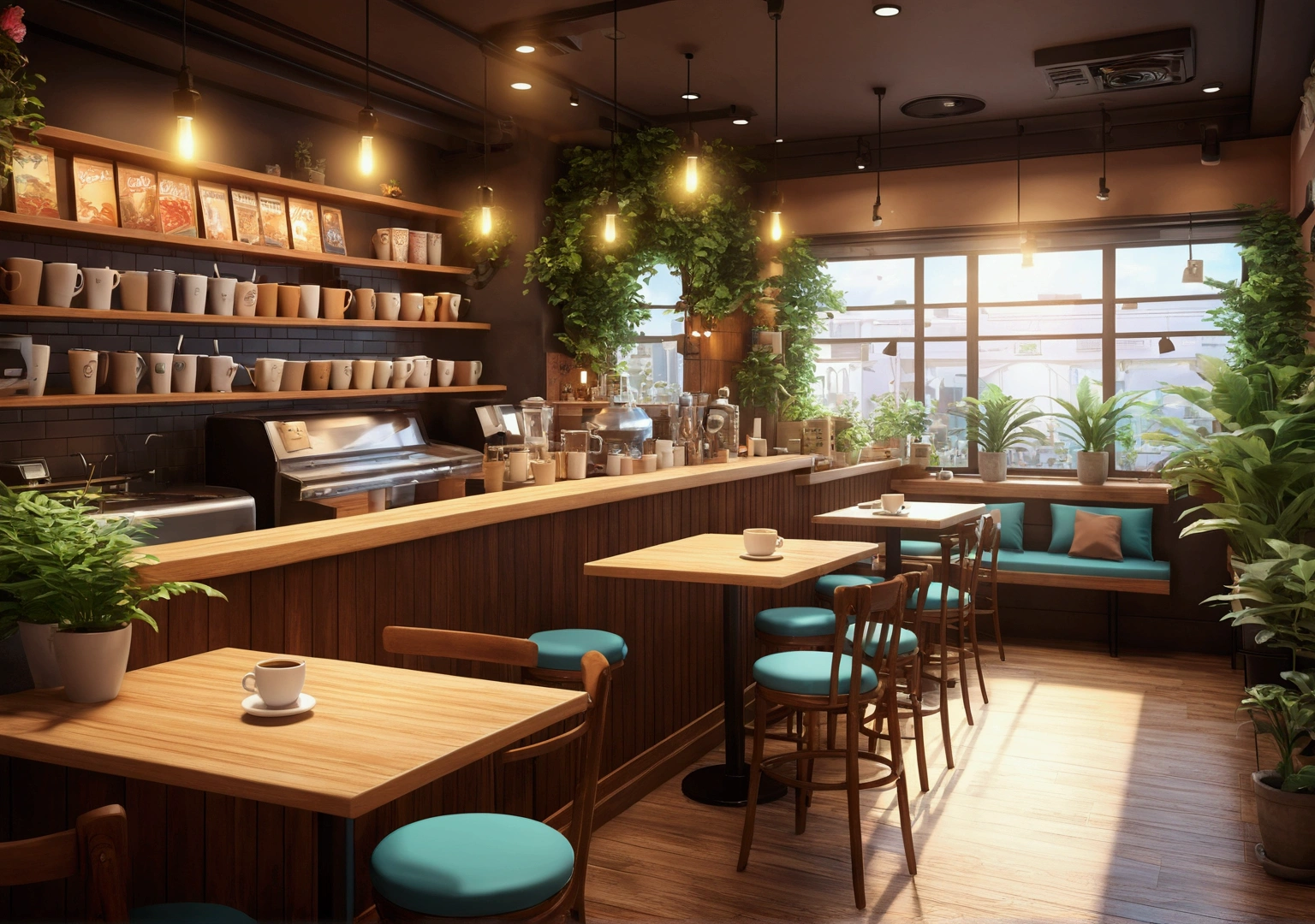 workspace ,Anime Style, level, The interior of the coffee shop is painted with exquisite detail and vibrant colors.. Delicate steam rises from a hot coffee cup on a table, The seats have soft cushions, Lots of potted plants, Create a cozy and inviting atmosphere. Soft lighting casts a warm, beautiful glow over the dreamy scene, It's evening, An ideal place to relax and escape from reality. (Prompts B and C) Anime Style coffee shop interior, Steaming hot coffee on the table, Creating a cozy space, Beautiful and dreamy atmosphere. (High resolution, 8k) Highly detailed anime illustration of a coffee shop interior, Display a hot cup of coffee on a table, Create a warm and cozy atmosphere