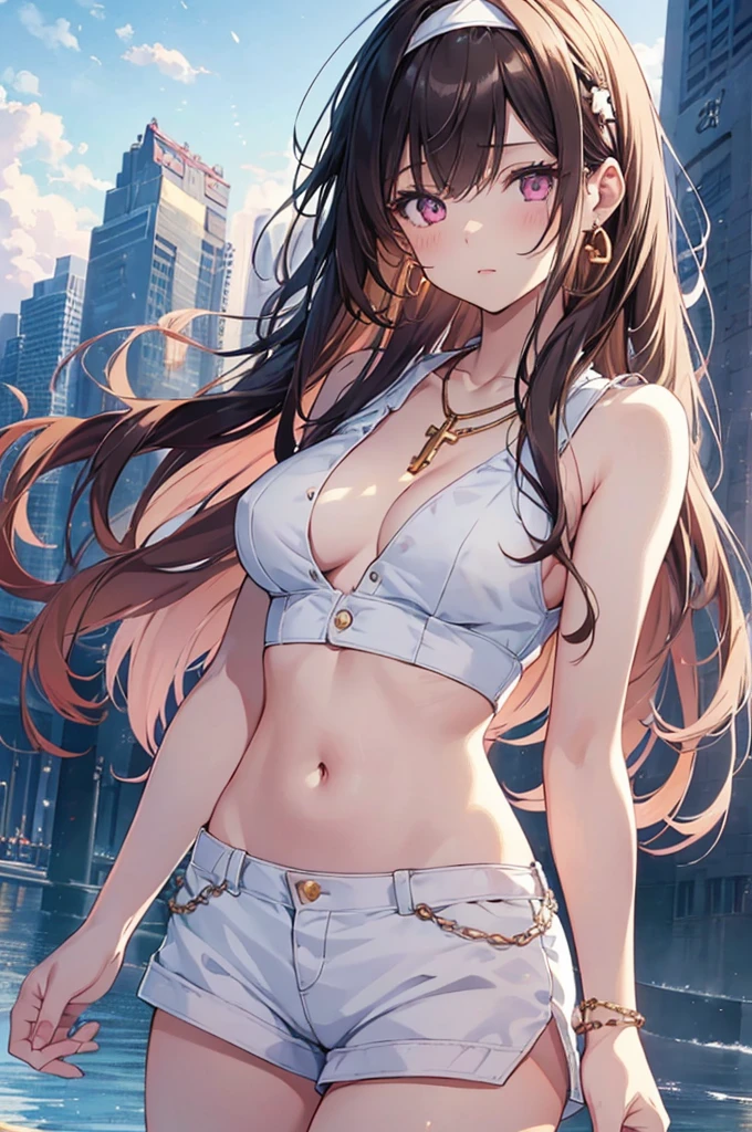 ((girl kawaii)), ((a extremely delicate and beautiful girl)), ((beautifully painted, super fine illustrations)), (from below), (stomach), hand up, tattoo, Perfect body, (woman), (young), lowing long hair, light brown hair, streaked hair, beatiful detailed hair, Beautiful face, (complex details beautiful and delicate eyes), Slightly open mouth, Delicate arms and hands, large breasts, (Bare navel), thighs, pink eyes, white skin, chain storm, hairband, earrings, cross necklace, golden bracelet, ice cream, sleeveless shirt, short shorts, overexplosure, crop top, white Clothes, (outdoors), (skyscraper), (blue sky), reflection light, very detailed light, (((best quality))), (((wallpaper 8k CG,))) masterpiece,
