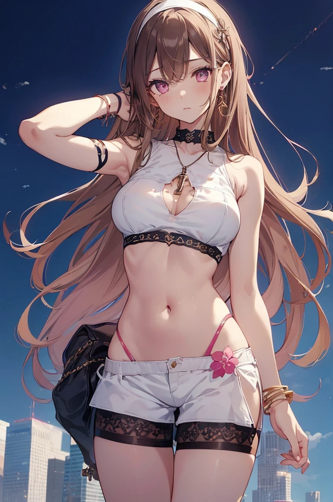 ((girl kawaii)), ((a extremely delicate and beautiful girl)), ((beautifully painted, super fine illustrations)), (from below), (stomach), hand up, tattoo, Perfect body, (woman), (young), lowing long hair, light brown hair, streaked hair, beatiful detailed hair, Beautiful face, (complex details beautiful and delicate eyes), Slightly open mouth, Delicate arms and hands, large breasts, (Bare navel), thighs, pink eyes, white skin, chain storm, hairband, earrings, cross necklace, golden bracelet, ice cream, sleeveless shirt, short shorts, overexplosure, crop top, white Clothes, (outdoors), (skyscraper), (blue sky), reflection light, very detailed light, (((best quality))), (((wallpaper 8k CG,))) masterpiece,
