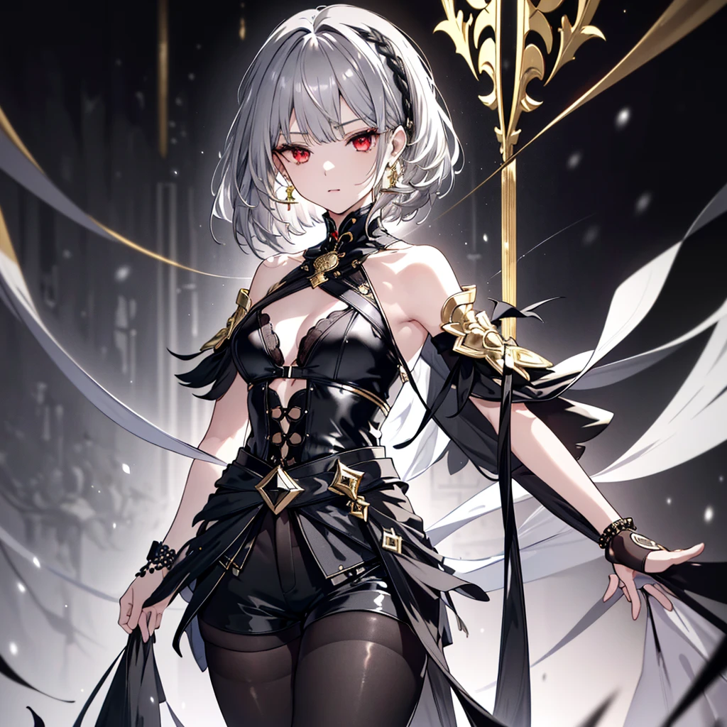 8k,High resolution RAW color art,Anime Art,Silver Marble Skin, (((Very detailed and cool))), Detailed skin, Blur、texture,(Exquisitely crafted, The finer details, Ultra-detailed art), (((1 girl))), Depth of written boundary, Silky Touch, Hyper Detail, (((Cool face))), eye shadow、Armed women, Beautiful detailed red eyes, Beautiful lip detail, Highly detailed face, Delicate depiction of hair and eyes, Detailed Fashion, Golden earrings,Full body depiction, Black half top、(((Shoulder Bare)))、Black shorts、Waist Cloak、black tights、Golden decoration, Shiny grey hair, Golden bracelet, Straight Hair、Short Hair、(((Hair)))、Simple Background、(((Black theme)))、snow、look down、cloth、Clear face、Diagonal orientation