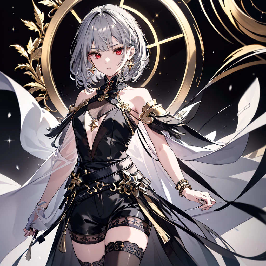 8k,High resolution RAW color art,Anime Art,Silver Marble Skin, (((Very detailed and cool))), Detailed skin, Blur、texture,(Exquisitely crafted, The finer details, Ultra-detailed art), (((1 girl))), Depth of written boundary, Silky Touch, Hyper Detail, (((Cool face))), eye shadow、Armed women, Beautiful detailed red eyes, Beautiful lip detail, Highly detailed face, Delicate depiction of hair and eyes, Detailed Fashion, Golden earrings,Full body depiction, Black half top、(((Shoulder Bare)))、Black shorts、Waist Cloak、black tights、Golden decoration, Shiny grey hair, Golden bracelet, Straight Hair、Short Hair、(((Hair)))、Simple Background、(((Black theme)))、snow、look down、cloth、Clear face、Diagonal orientation