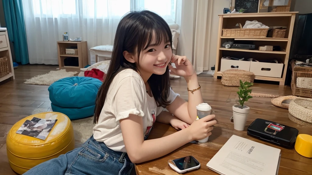 ((Highest quality)), ((masterpiece)), (detailed), One girl, Happy to see the smartphone,20th Generation、smile、Messy room、Drinking alcohol