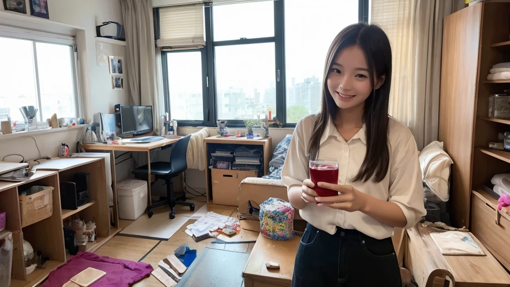((Highest quality)), ((masterpiece)), (detailed), One girl, Happy to see the smartphone,20th Generation、smile、Messy room、Drinking alcohol