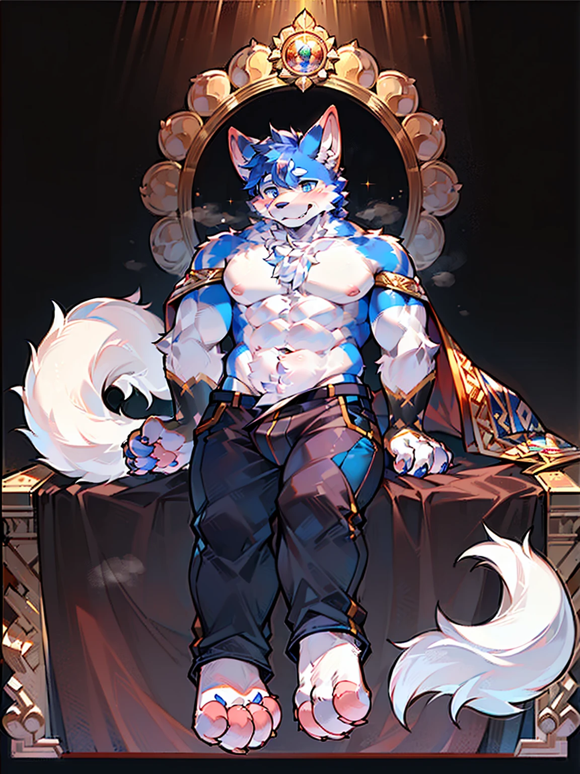 (best quality, 8K, high resolution, masterpiece:1.2), Extremely detailed, The right details, Junyi, Canidae, ,(Men), Biceps, cute big dog, (Off-white fur), (Border Collie), Eight-pack abs, (only one big tail) ,Paw pads, Claw toes, big white paw, (粉红色的Paw pads), Sapphire eyes, Each foot has four toes, Each hand has four fingers, grace, Pink ???????, Highlight the ??????, Attractive abdominal muscles, (strong), on modern roads, tall and big，external，pant，Smell the soles of your feet，Hands touch the ??????