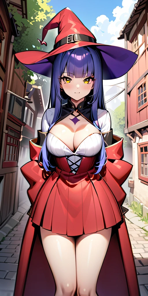 ((Highest quality、masterpiece、anime style、best quality、high resolution、8k、detailed、ultra-detailed:1.3))、Long legs、Sharp focus:1.2, Beautiful woman with perfect figure:1.4、(Smiling:1.2), double eyelid、30-year-old female、Sexy pose、((((Close your mouth、One Woman、Witch、The background is a different world、Outdoor:1.5))))、(((((Hands on the side of the body)))))