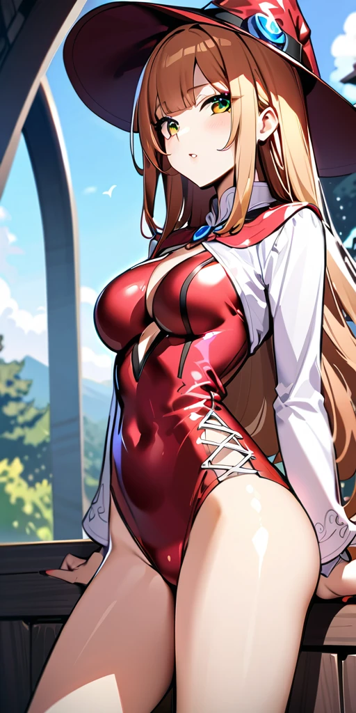 ((Highest quality、masterpiece、anime style、best quality、high resolution、8k、detailed、ultra-detailed:1.3))、Long legs、Sharp focus:1.2, Beautiful woman with perfect figure:1.4、(Smiling:1.2), double eyelid、30-year-old female、Sexy pose、((((Close your mouth、One Woman、Witch、The background is a different world、Outdoor:1.5))))、(((((Hands on the side of the body)))))