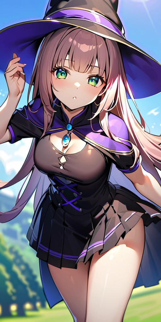 halCorrin, witch hat, halloween costume, cleavage, detached sleeves, earrings, brown boots, solo, 1girl