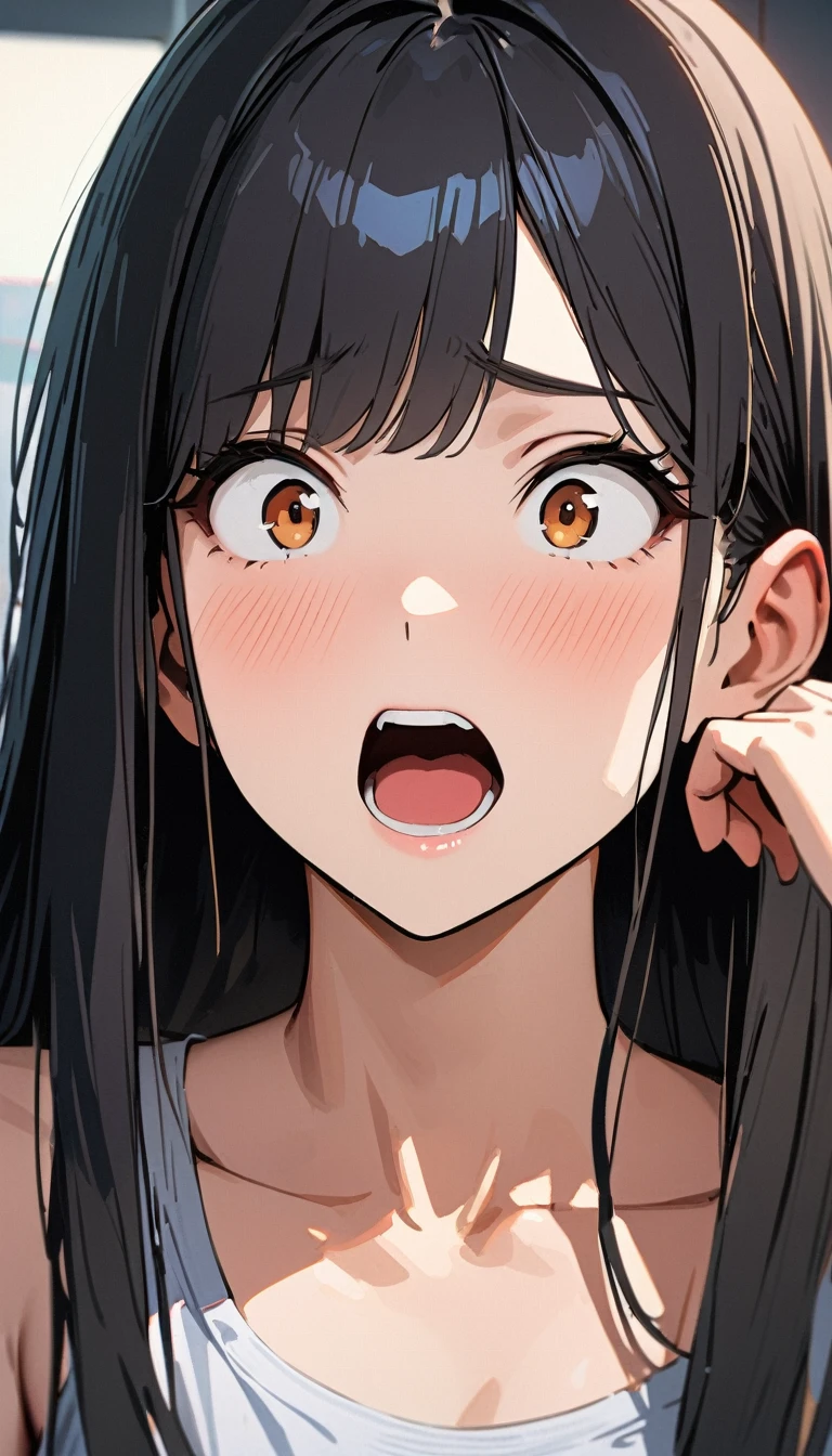 25 years old ,masterpiece , modern, Verism, masterpiece, super detail, best quality, 4K , A beautiful woman, black hair, long hair, She has his mouth wide open, showing a very surprised expression.