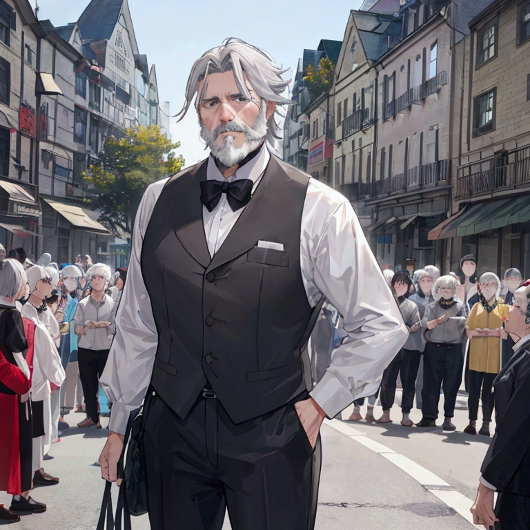 Short-haired middle-aged man with grey hair、Dressed as an adventurer、Short white beard、Center Parting、Town Square、In front of a large crowd of residents、Scene reporting danger、
