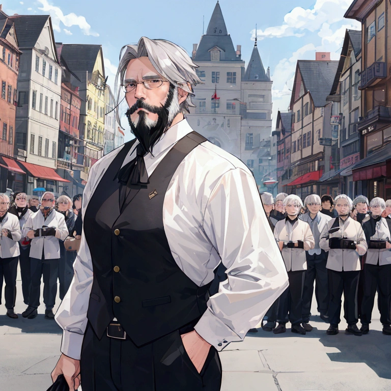 Short-haired middle-aged man with grey hair、Dressed as an adventurer、Short white beard、Center Parting、Town Square、In front of a large crowd of residents、Scene reporting danger、