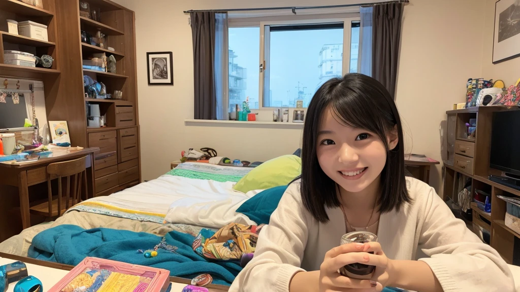 ((Highest quality)), ((masterpiece)), (detailed), One girl, Happy to see the smartphone,20th Generation、smile、Messy room、Drinking alcohol