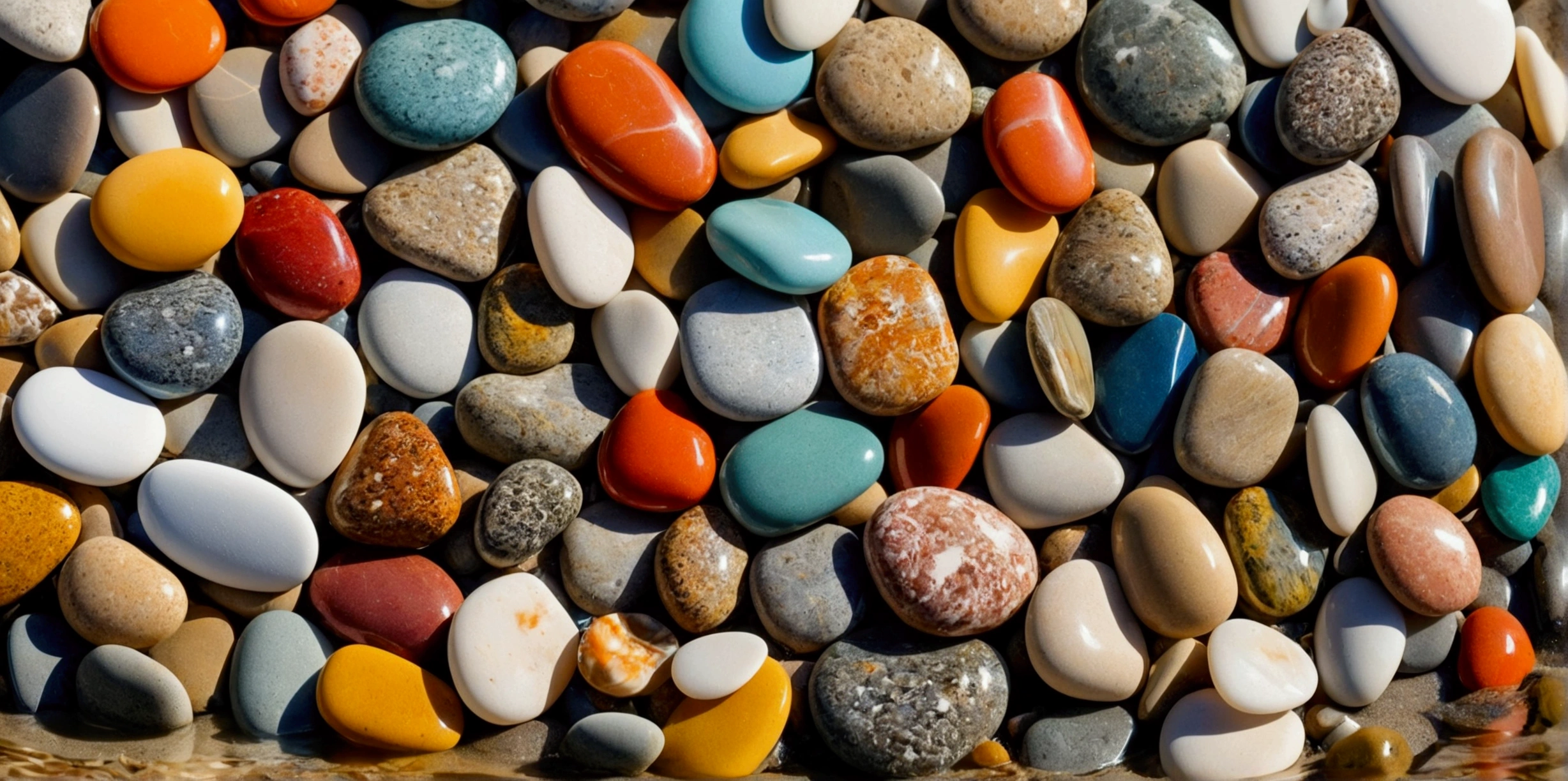 image of shiny colorful beach pebbles in clear, beautiful, warm and natural sea water on the beach for background or wallpaper