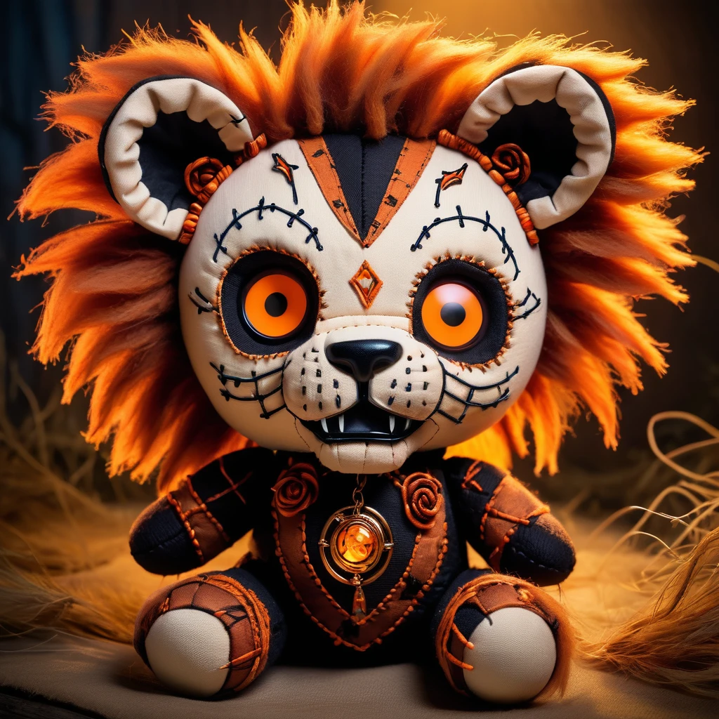 (knitted toy voodoo doll:1.7), (Voodoo Dreadful Lion Cub:1.3), (Clothing: dark mane with glowing orange accents:1.0), (Accessories: enchanted cursed paws, glowing ethereal amulet, mystical haunted savannah:1.2), (background: eerie savannah with floating, glowing dust and distant growls:1.2), best quality, masterpiece, detailed soft oil painting, detailed background, dramatic cinematic lighting, soft edge lighting, professional, dramatic lighting, hard edge lighting, ultra quality, 4k, masterpiece, best quality, 8k, ultra high definition, high resolution, extremely detailed
