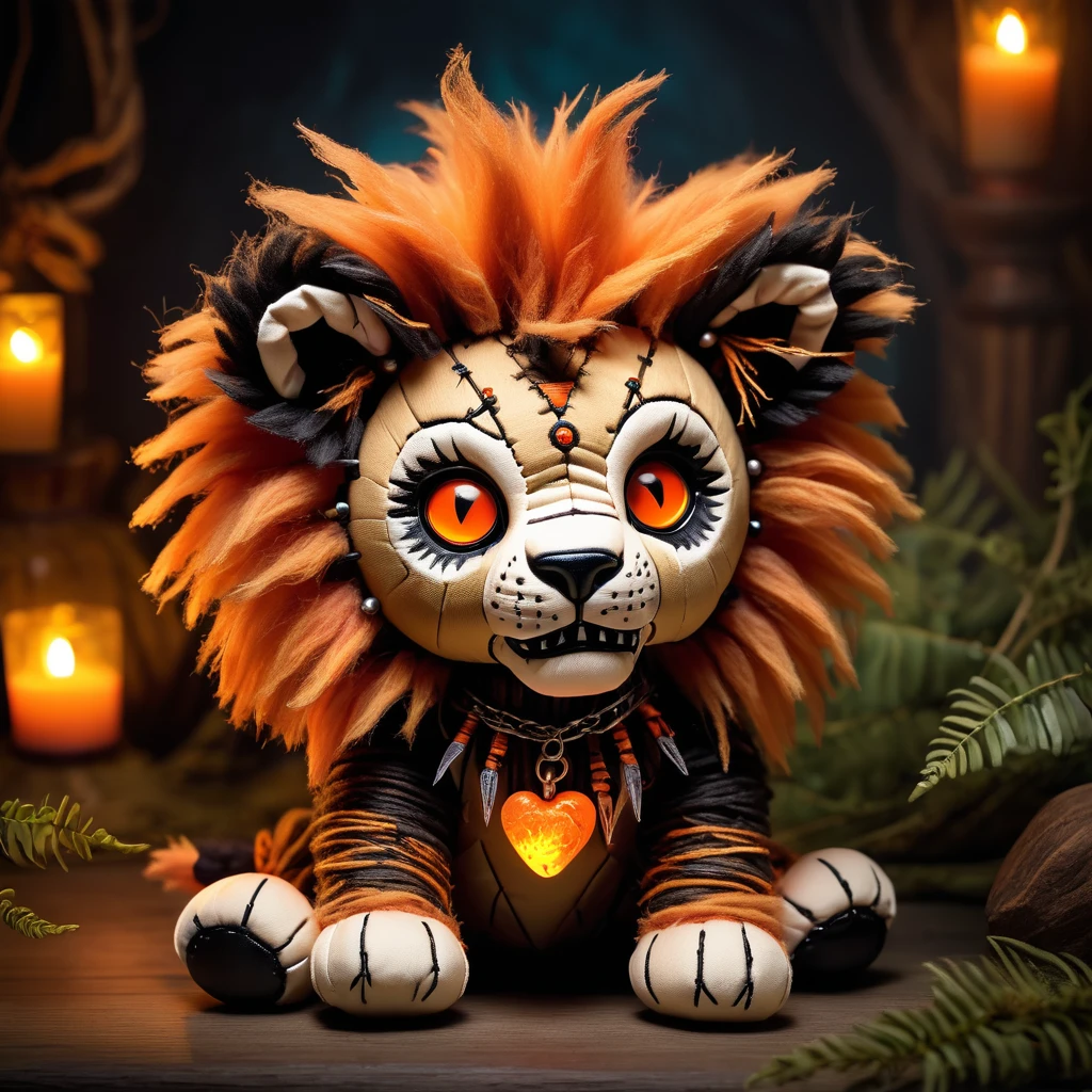 (knitted toy voodoo doll:1.7), (Voodoo Dreadful Lion Cub:1.3), (Clothing: dark mane with glowing orange accents:1.0), (Accessories: enchanted cursed paws, glowing ethereal amulet, mystical haunted savannah:1.2), (background: eerie savannah with floating, glowing dust and distant growls:1.2), best quality, masterpiece, detailed soft oil painting, detailed background, dramatic cinematic lighting, soft edge lighting, professional, dramatic lighting, hard edge lighting, ultra quality, 4k, masterpiece, best quality, 8k, ultra high definition, high resolution, extremely detailed