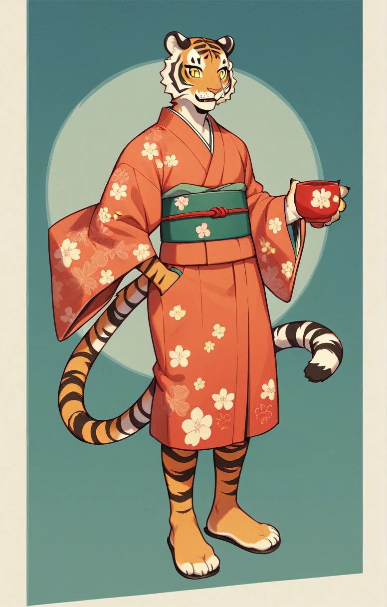 the (manga or anime) character ,((furry tiger girl)) , wearing (Japanese clothes) and (袴), ((don't have anything)) , (A cup), full body --ar 4:7 --s 40