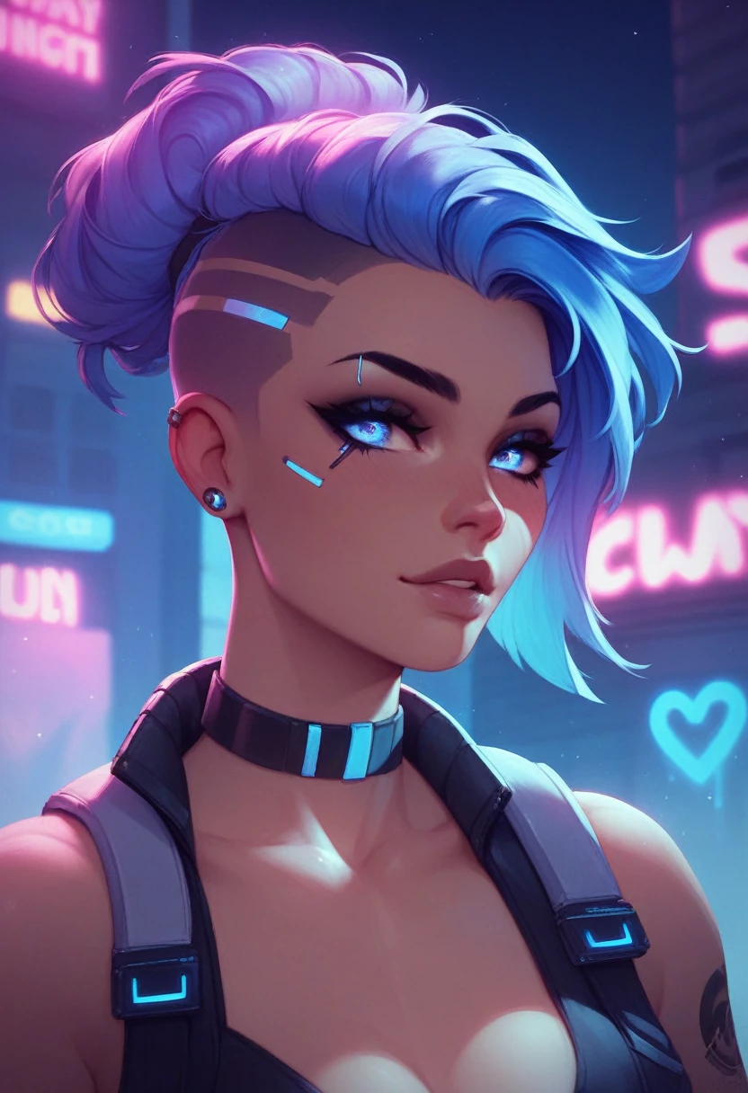 
A  black menalin skin girl with wearing an head set listening to music in a busy futuristic city  at night with graffiti on the wall, night lights, cypwr vibes.
