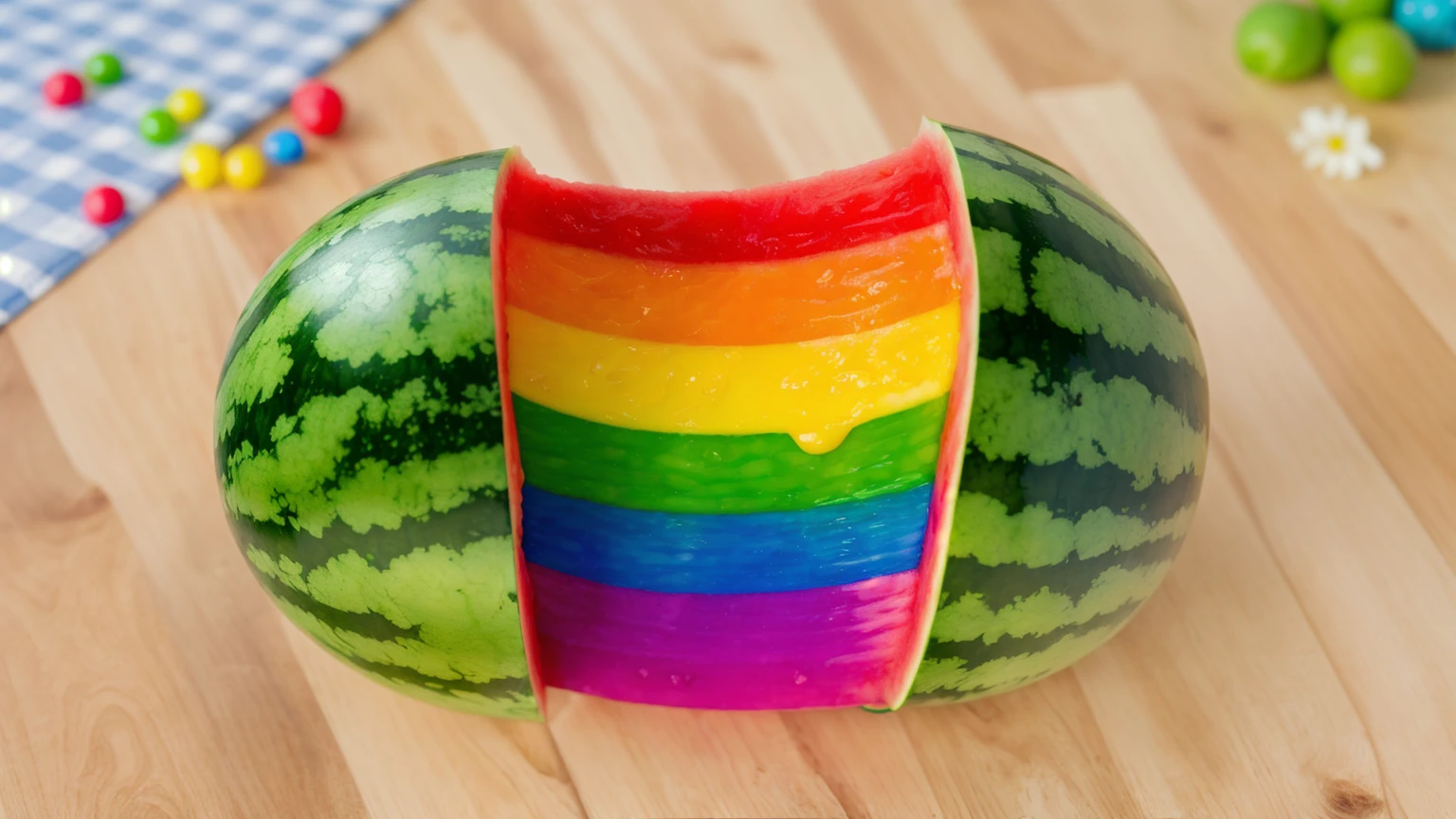 on a wooden table, Watermelon divided into two parts, Rainbow cream flows out of watermelon rind, bright lighting, Realistic style , realistic texture, detailed texture, a high resolution, high quality, macro photography 