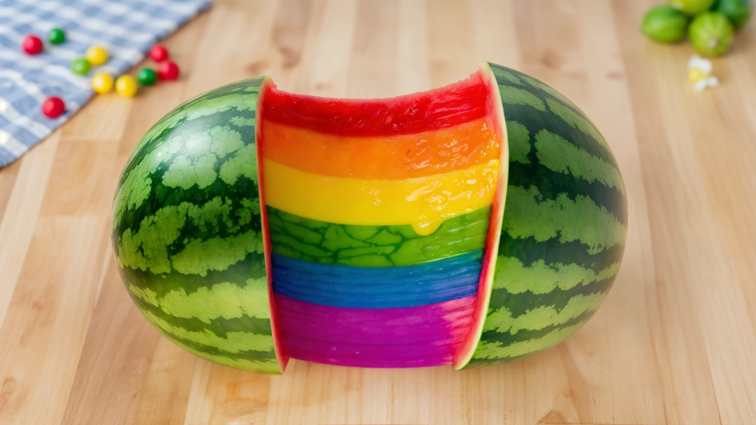on a wooden table, Watermelon divided into two parts, Rainbow cream flows out of watermelon rind, bright lighting, Realistic style , realistic texture, detailed texture, a high resolution, high quality, macro photography 