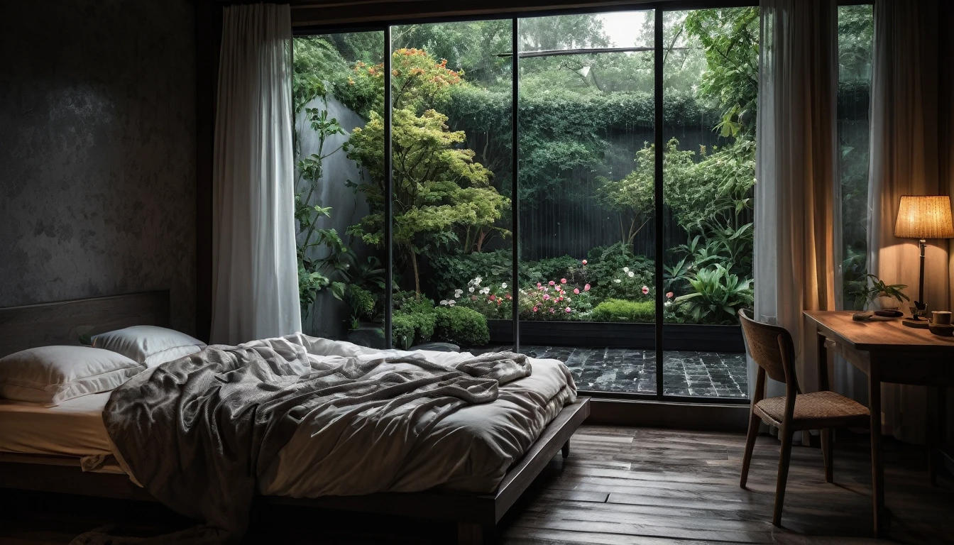 The picture shows a cozy gloomy bedroom, with a large window offering a view of a beautiful, dimly lit garden AND a garden soaked in FLOWERS, the cobblestones of the Japanese house concept. CINEMATIC, JAPANESE HOUSE, the shape of a Japanese house, and lots of flower gardens in the garden. The bed was unmade with rumpled sheets, indicating only a light sleep. the room is dark, gloomy, looks dim, gloomy. Beside the bed there is a small table with a classic lamp that radiates warm light into the room. Outside the window you can see the lush greenery of the terrace or balcony area, the rain is falling, the lamp on the left provides warm lighting, creating a calm and peaceful atmosphere. with fog obscuring part of the view in the distance. The contrast between the warmth indoors and the rain outdoors creates an inviting and calming atmosphere