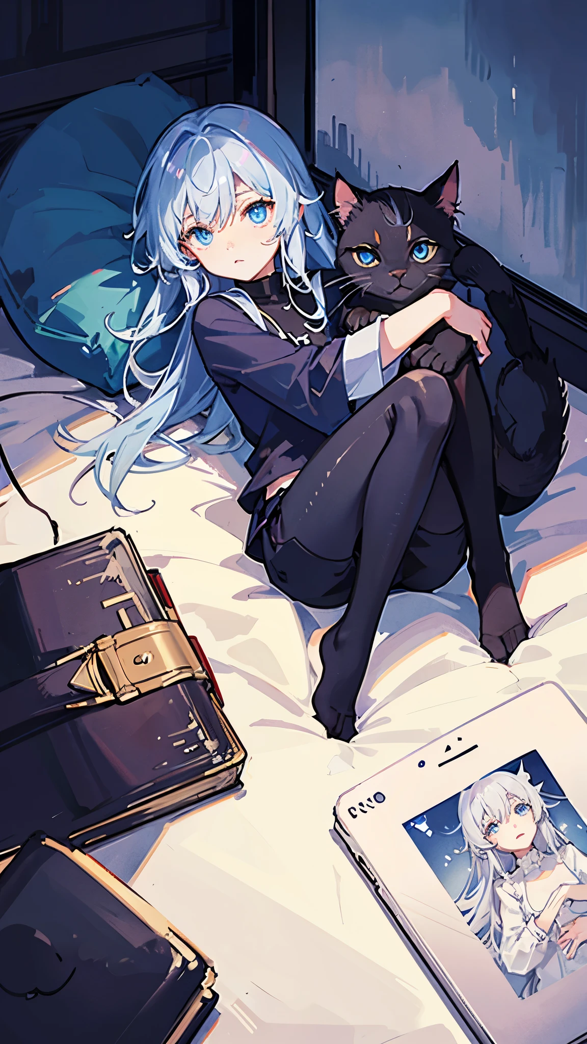 Pitch black cat、Light blue eyes、Curled up alone in the nearby room、Close-up of a cat、The background is night