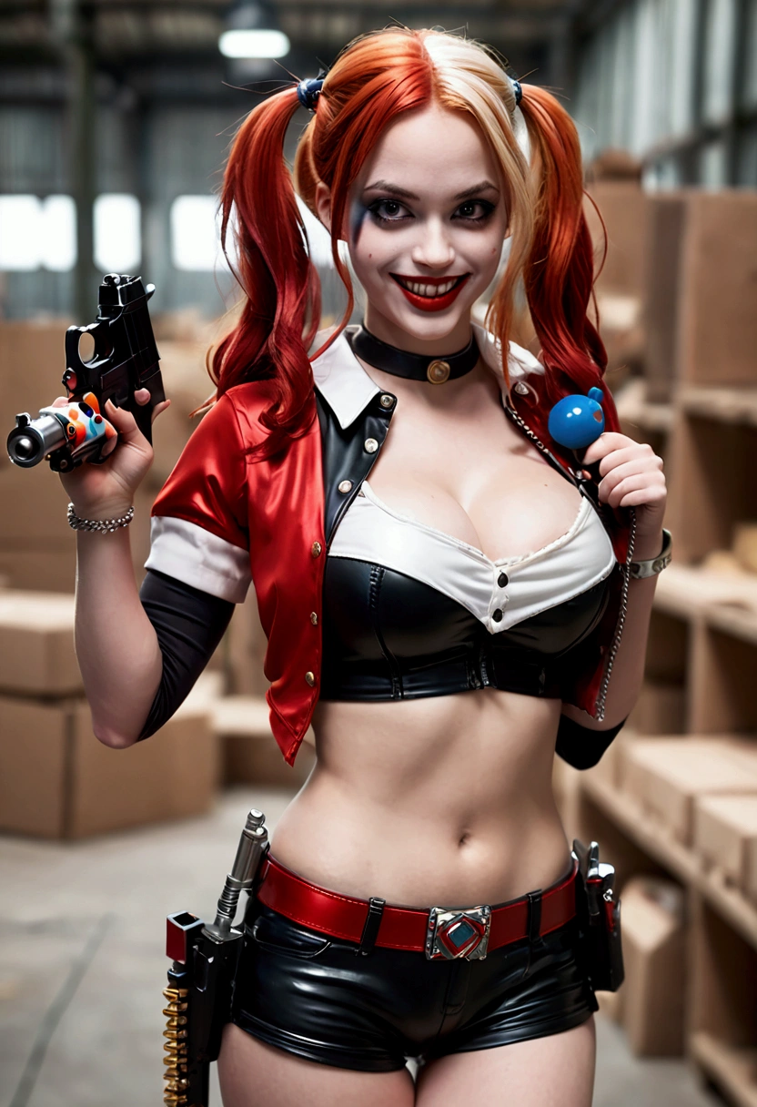ultra realistic, photography, long red hair, girl, 24 years old, hourglass figure, perfect body, Flirty look, extremely detailed artgerm, in the style artgerm, small breasts, facing the camera, lens 35 mm, blur background, Harley Quinn costume, toy factory as background, a childrens toy gun in her hand, laughing