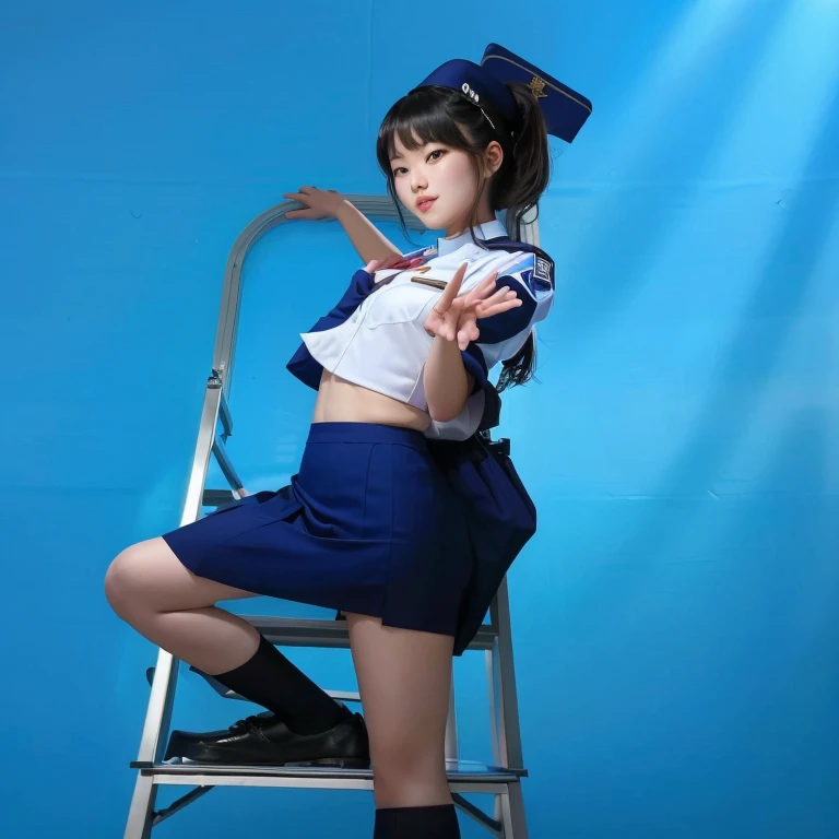 Tween asian girl in uniform sitting on a steplad, of a  posing, wearing Flight attendant, girl wearing uniform, wearing a steward, wearing stewardess, in an action pose, air steward, dressed as , doing a sassy pose, photo from a promo shoot, full pose, 