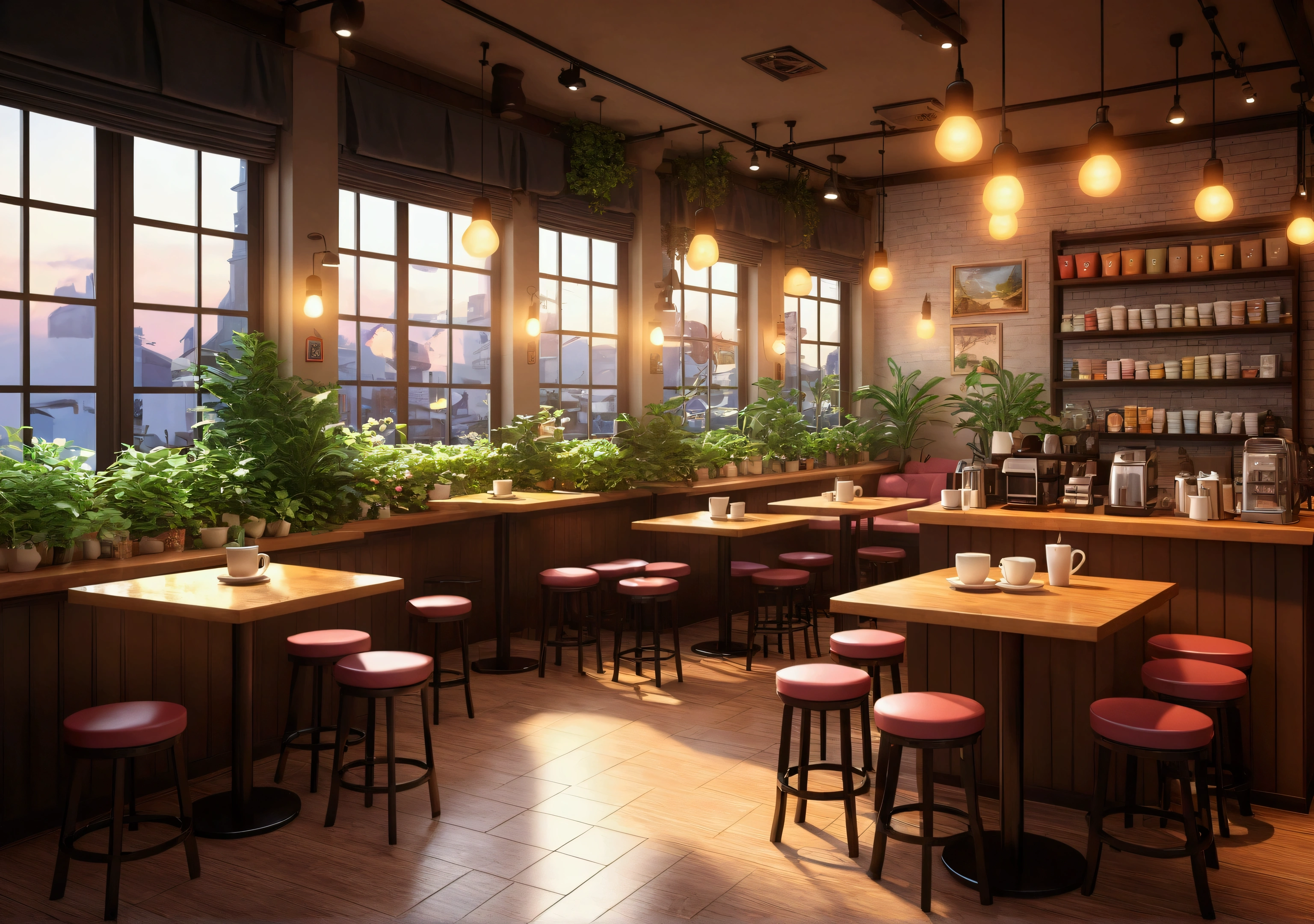 workspace ,Anime Style, level, The interior of the coffee shop is painted with exquisite detail and vibrant colors.. Delicate steam rises from a hot coffee cup on a table, The seats have soft cushions, Lots of potted plants, Create a cozy and inviting atmosphere. Soft lighting casts a warm, beautiful glow over the dreamy scene, It's evening, An ideal place to relax and escape from reality. (Prompts B and C) Anime Style coffee shop interior, Steaming hot coffee on the table, Creating a cozy space, Beautiful and dreamy atmosphere. (High resolution, 8k) Highly detailed anime illustration of a coffee shop interior, Display a hot cup of coffee on a table, Create a warm and cozy atmosphere