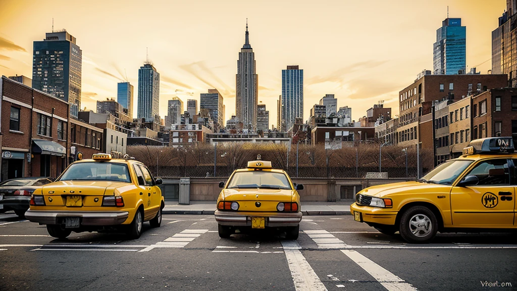 A comic style illustration of manhattan skyline as viewn from street level. Include a typical yellow new york taxi cab