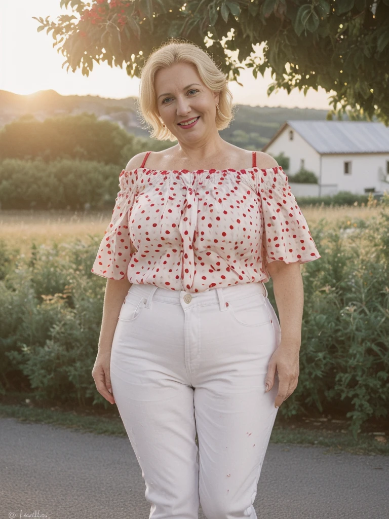 her name is Amélie, high quality, ((mature)), ((white pale skin)), 1girl, ((40-year-old chubby Swiss woman)), ((40 years old)), ((chubby)), ((CRANKY short BLONDE)), pose: sensual, wearing stylish (((wearing pair of red off shoulder polka red blouse and jeans))), ((BACKGROUND: strolling through a sunset at barn in the south of France)), smiling 
