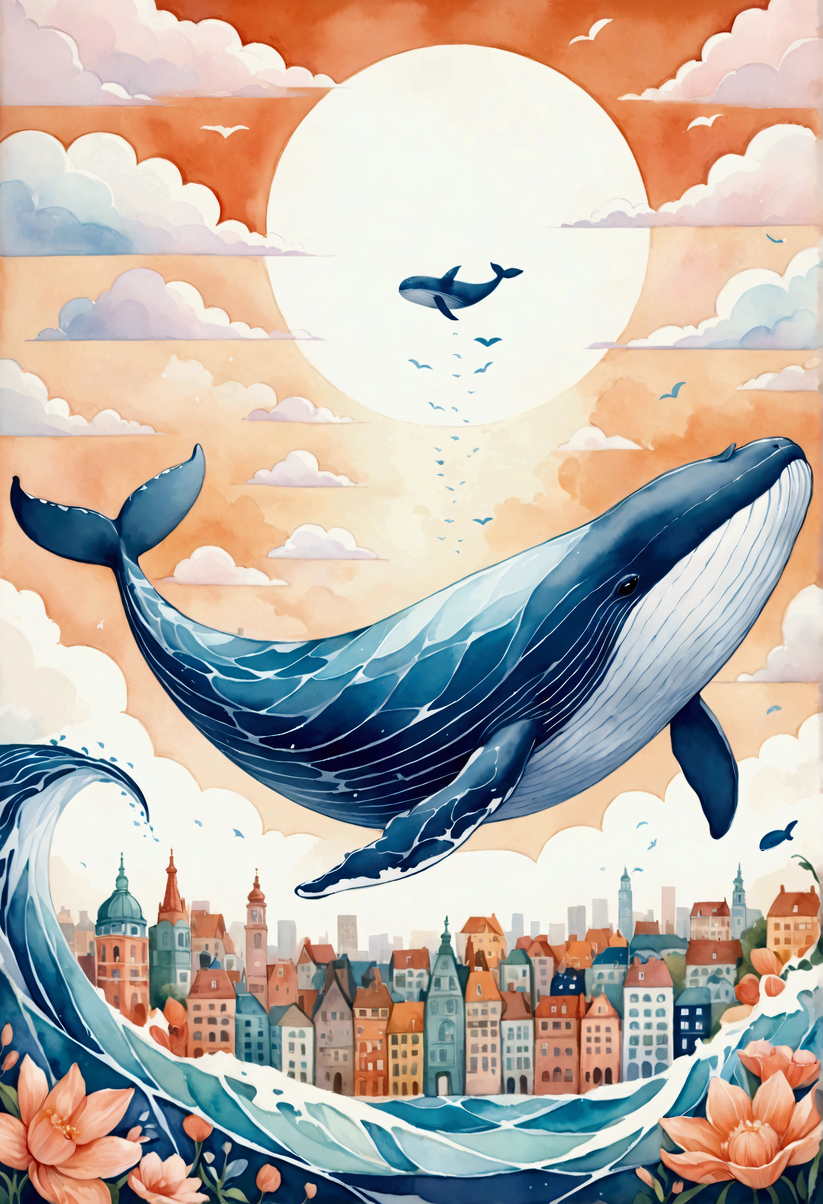create artistic handmade pieces,This is a dreamy and colorful work that looks like an illustration in a picture book.,Collage using various art materials,A sky pattern drawn by mixing blue and black,watercolor style background,cloth,quilting,Embroidery thread,Looking down on the cityscape painted in white and orange from above,flying whale,Cityscape and sky of a Brazilian city near the sea,BREAK,(Flying Whale: Anatomically Correct Whale: Cute Whale: Baleen Whale: Humpback Whale),BREAK,rich expression,Use various patterns such as geometric patterns and traditional patterns,An imaginative dream world,happy dream,artwork,patchwork,intricate details,anatomically correct,perfect anatomy,kind,rich colors,Careful in every detail,structurally correct