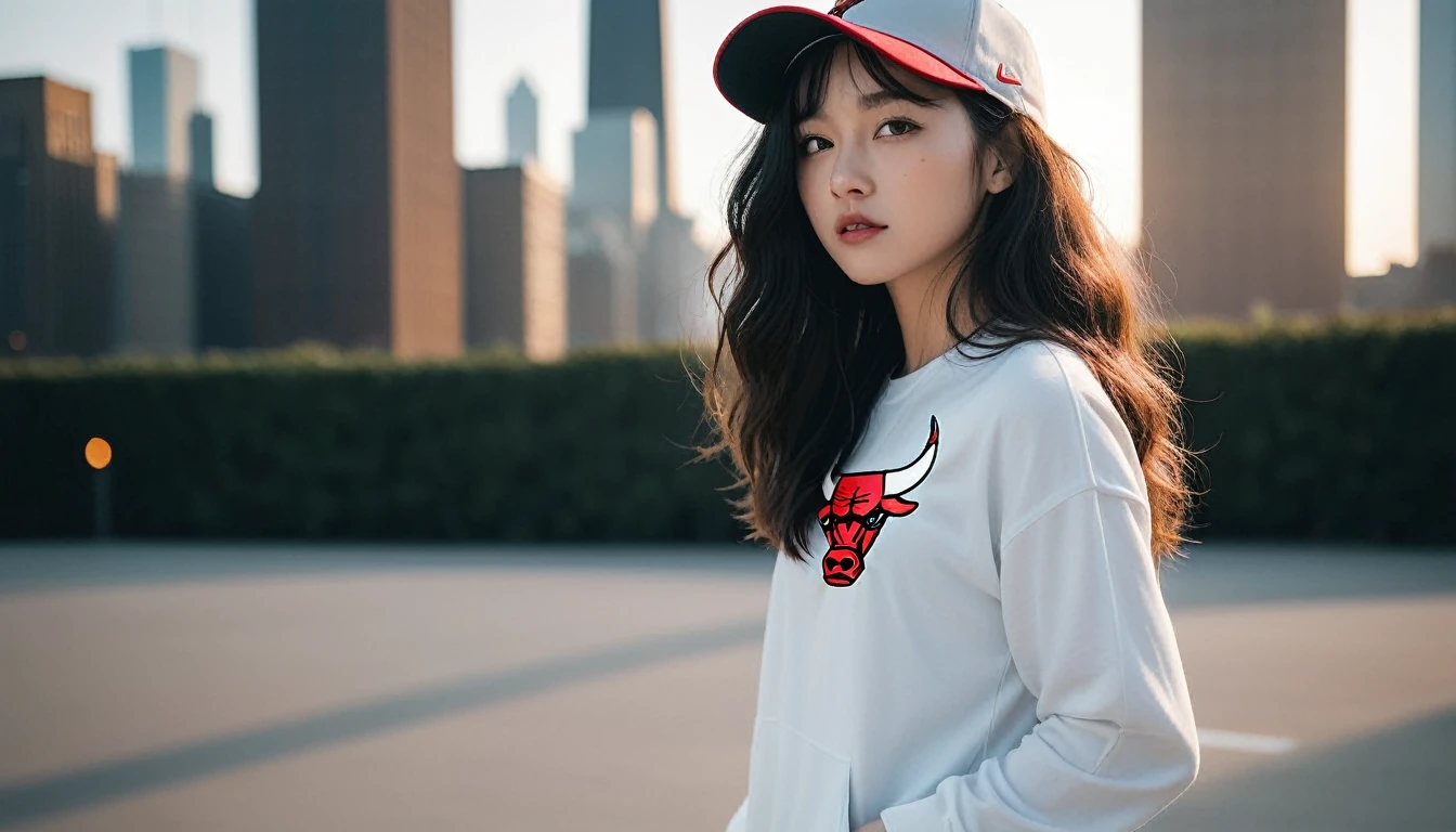 Black hair。Curly perm。Women with freckles。In the background, the evening sun shines on her hair.、background is chill 。Hiphop fashion。Chicago Bulls hat and Nike sneakers。whole body
