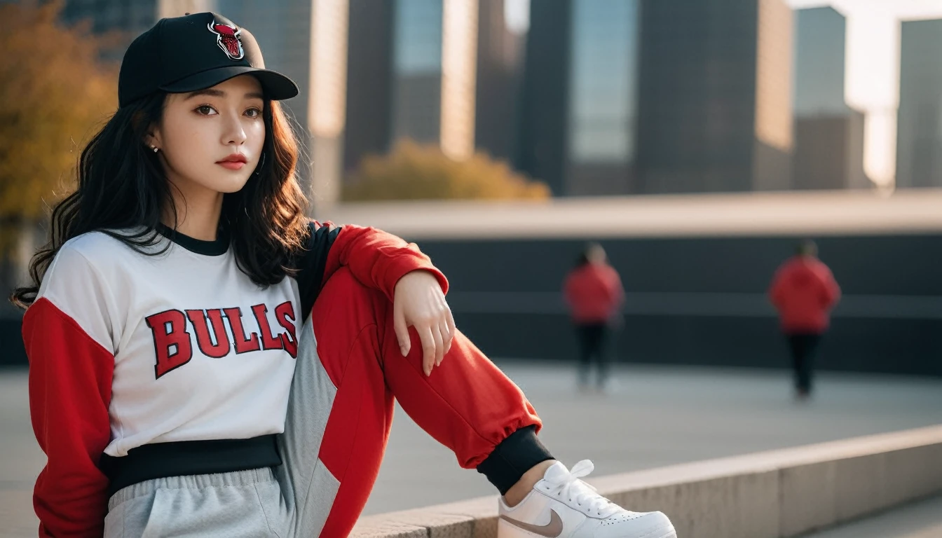 Black hair。Curly perm。Women with freckles。In the background, the evening sun shines on her hair.、background is chill 。Hiphop fashion。Chicago Bulls hat and Nike sneakers。whole body