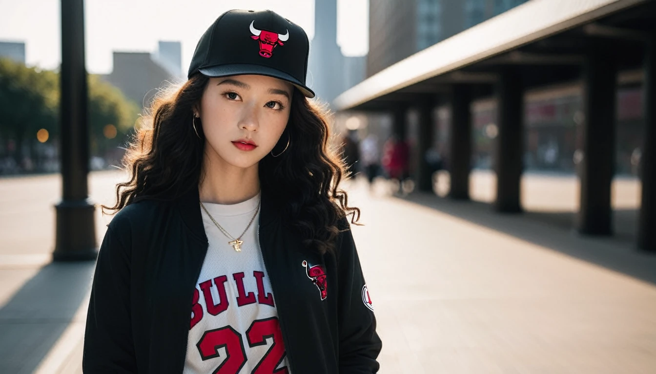Black hair。Curly perm。Women with freckles。In the background, the evening sun shines on her hair.、background is chill 。Hiphop fashion。Chicago Bulls hat and Nike sneakers。whole body