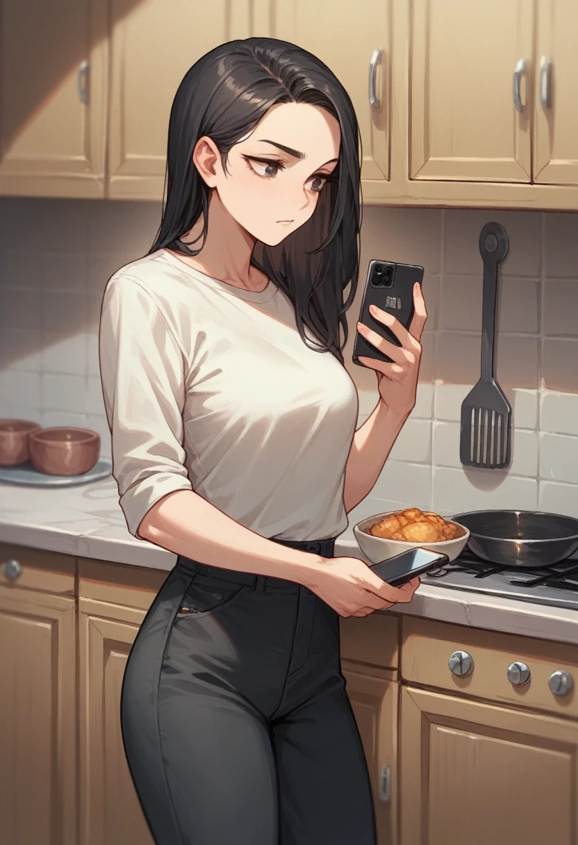 Cartoon 3d, a brunette woman with black hair, in pants and long-sleeved shirt, holding a cell phone in his hand with a transparent eyebrow, place would be a kitchen of a black house